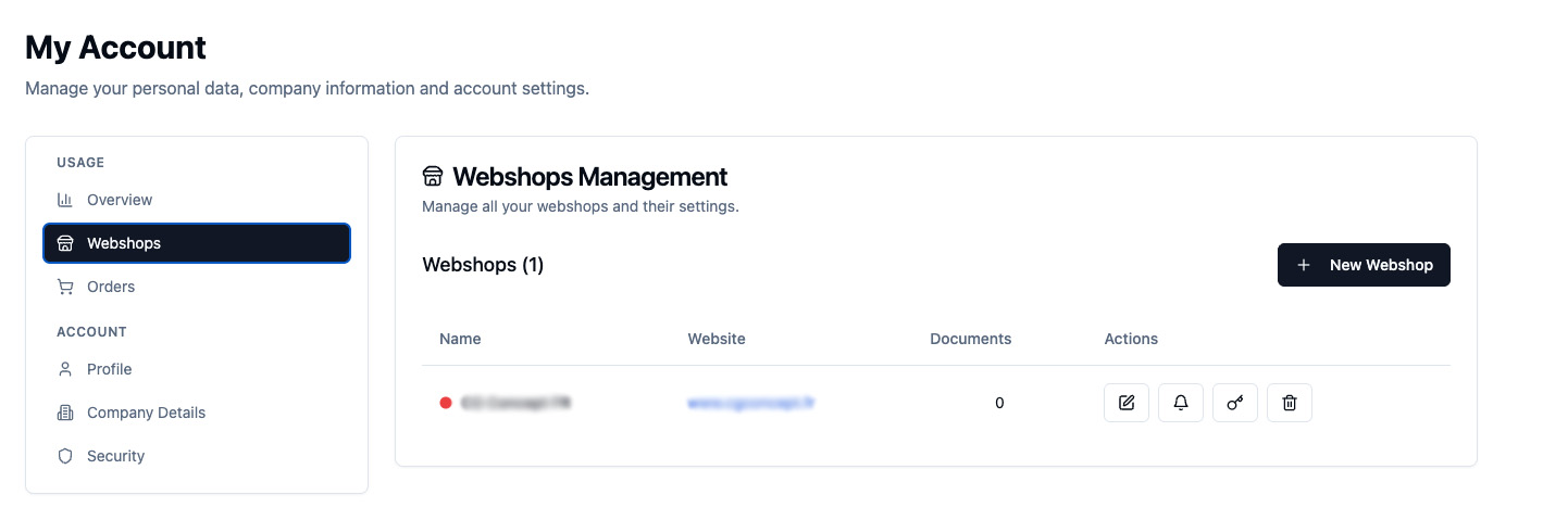 Tableau de bord SendPol - Gestion des webshops avec clé API