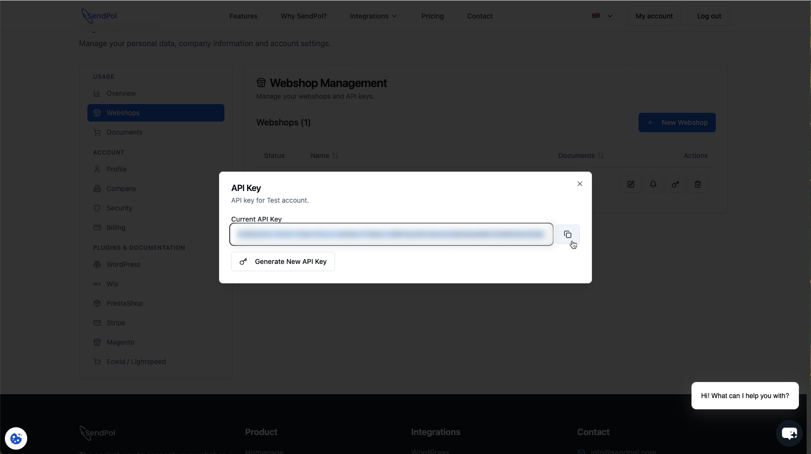 Copiez votre clé API depuis SendPol