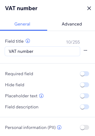 Configuration du champ numéro de TVA Wix - Création du champ