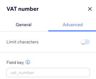 Configuration du champ numéro de TVA Wix avec l'onglet Avancé montrant la clé de champ vat_number